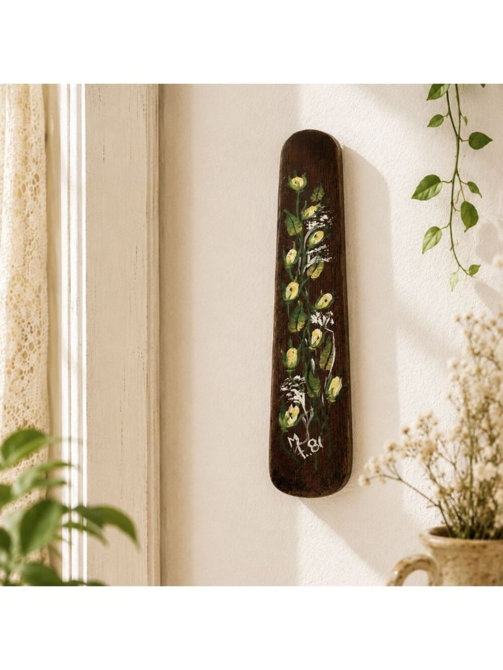 Small Hand-Painted Wooden Wall Art With Floral Design Artisan Signed Vintage Dec